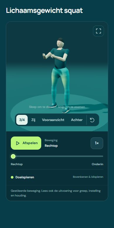 Draaibare 3D-demonstratie van een squat, met bediening en doelspieren