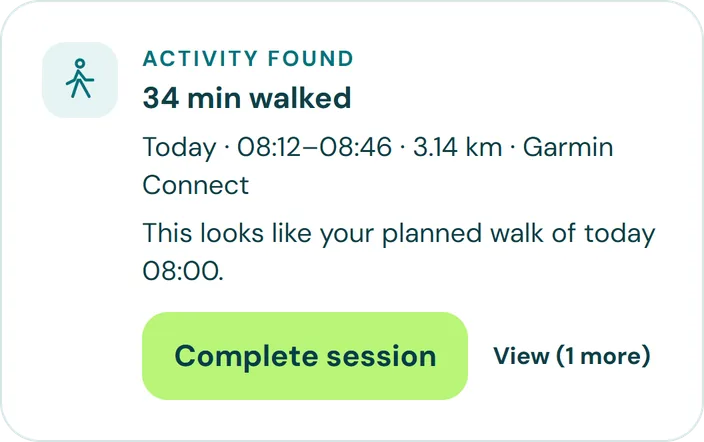 LivuFit card: activity found, 34 minutes walked, with the Complete session button