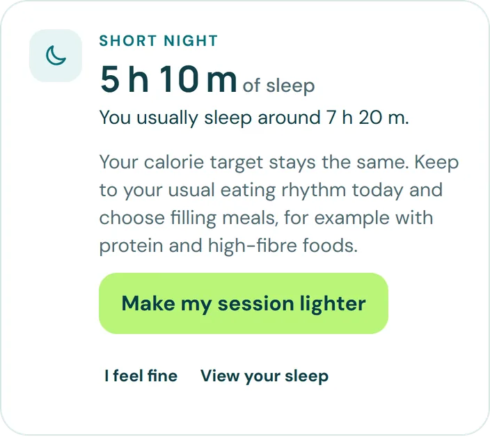 Card on Home in LivuFit: short night, 5 hours 10 minutes of sleep, with the button Make my session lighter