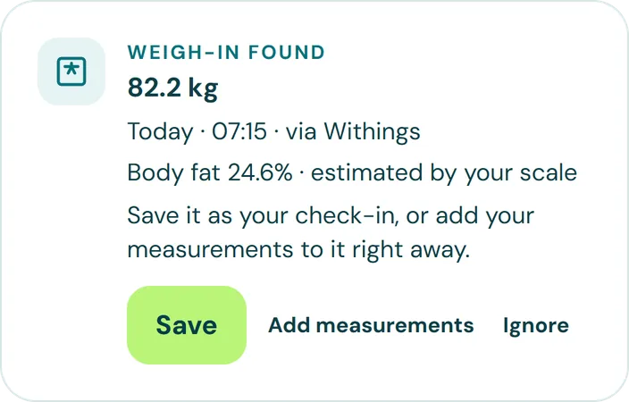 LivuFit card: weigh-in found, 82.2 kg via Withings, with the Save button