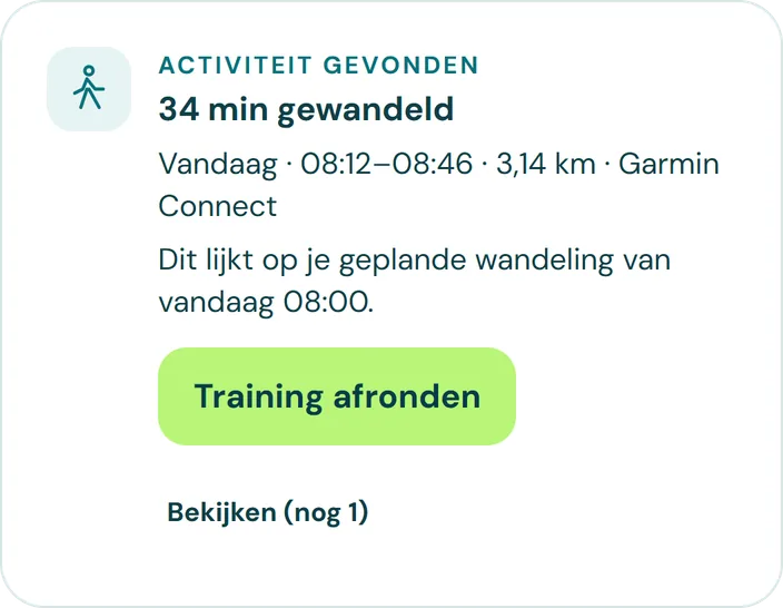 Kaart in LivuFit: activiteit gevonden, 34 minuten gewandeld, met de knop Training afronden