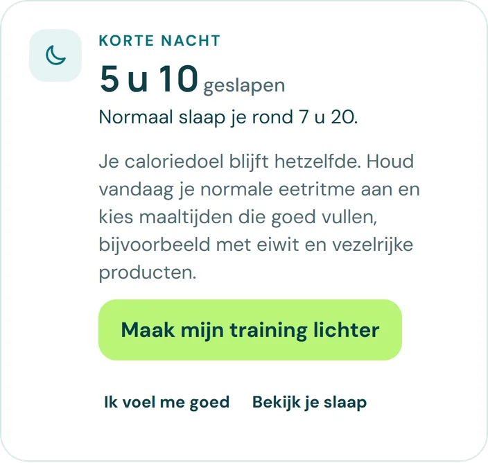 Kaart op Home in LivuFit: korte nacht, 5 uur en 10 minuten geslapen, met de knop Maak mijn training lichter