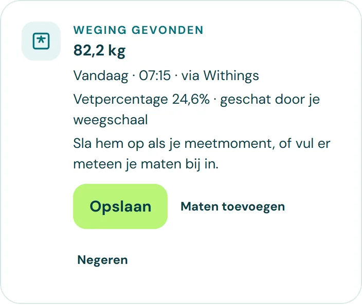 Kaart in LivuFit: weging gevonden, 82,2 kg via Withings, met de knop Opslaan