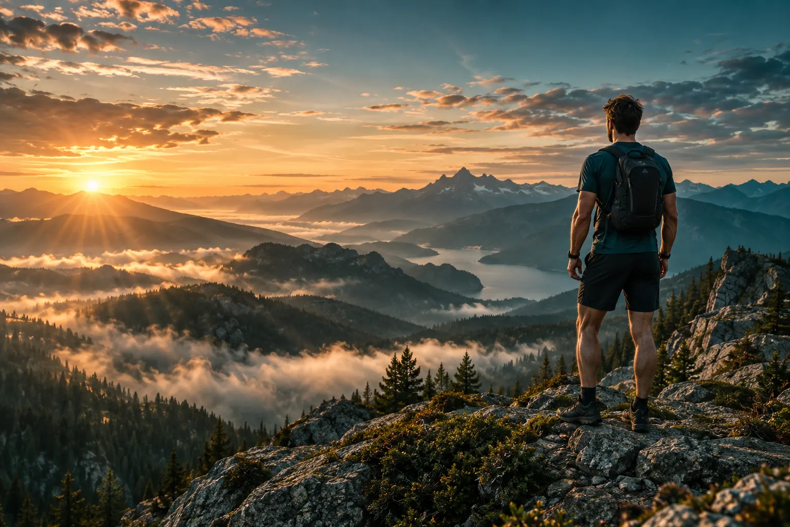 Wandelaar kijkt bij zonsopkomst uit over een bergmeer
