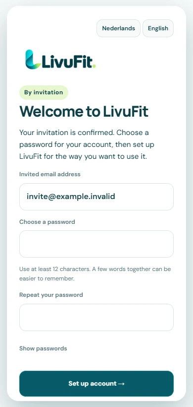 LivuFit: choose a password after opening your invitation.