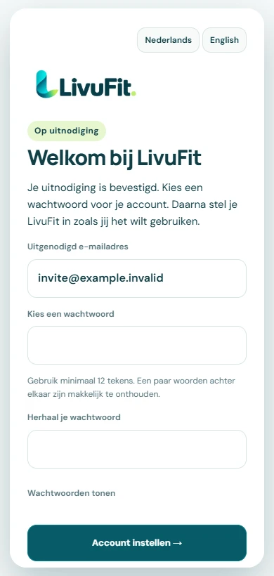 LivuFit: een wachtwoord kiezen na het openen van de uitnodiging.