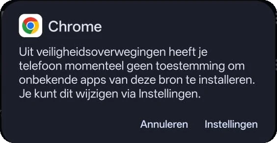 Melding van Chrome: geen toestemming om onbekende apps te installeren, met de knop Instellingen.