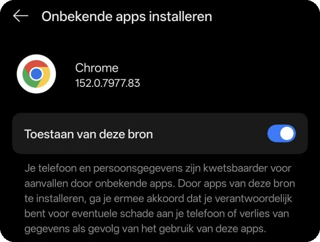 Instellingenscherm Onbekende apps installeren met de schakelaar Toestaan van deze bron aan.
