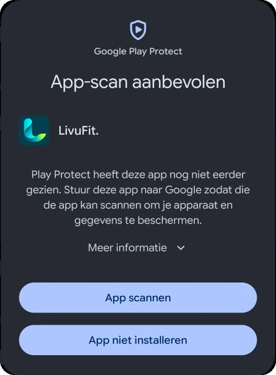 Google Play Protect: App-scan aanbevolen, met de knop App scannen.