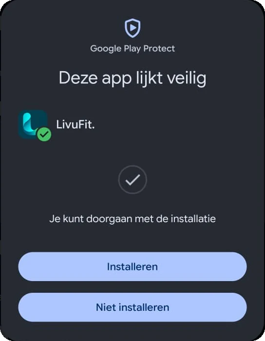 Google Play Protect: Deze app lijkt veilig, met de knop Installeren.