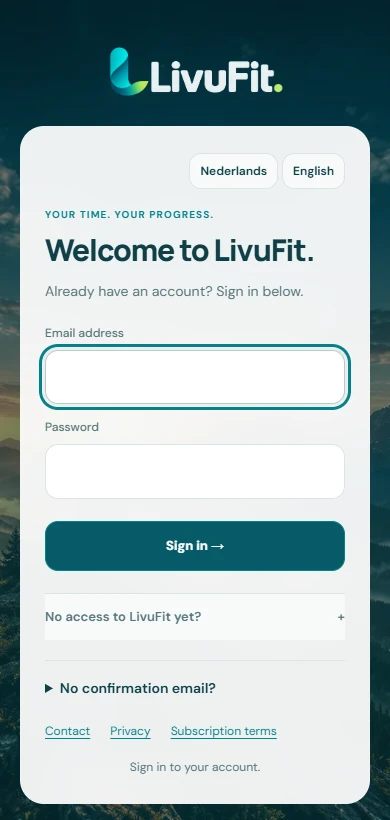 The LivuFit sign-in screen with email address and password.
