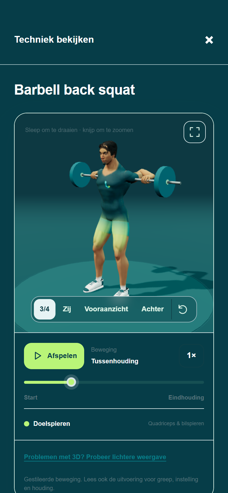 Draaibare 3D-demonstratie van een squat, met bediening en doelspieren
