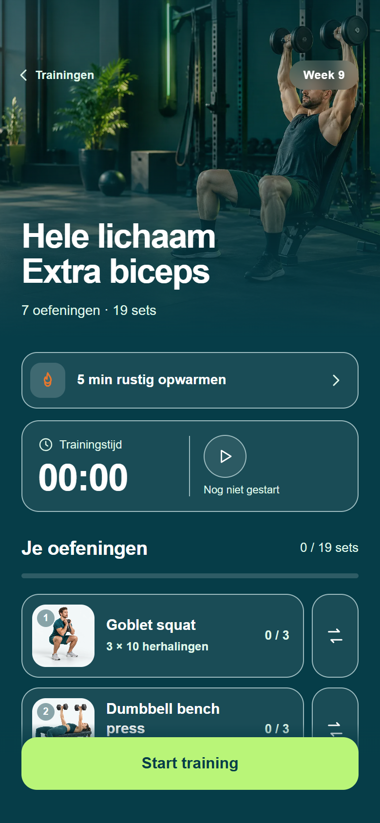 Trainingsoverzicht van vandaag met alle oefeningen van het schema