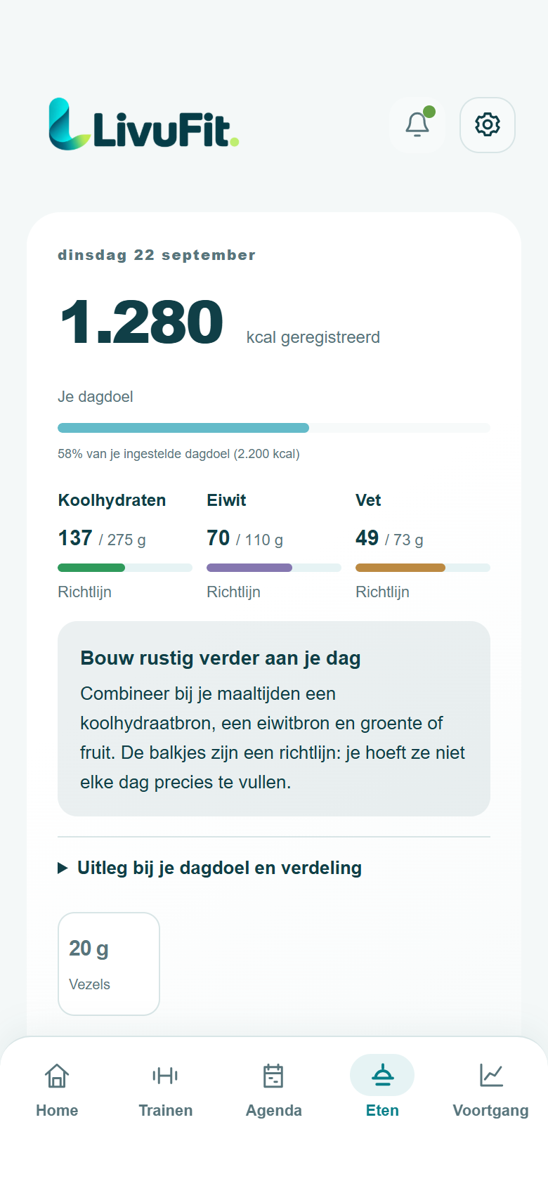 LivuFit-scherm: Voedingsdagboek