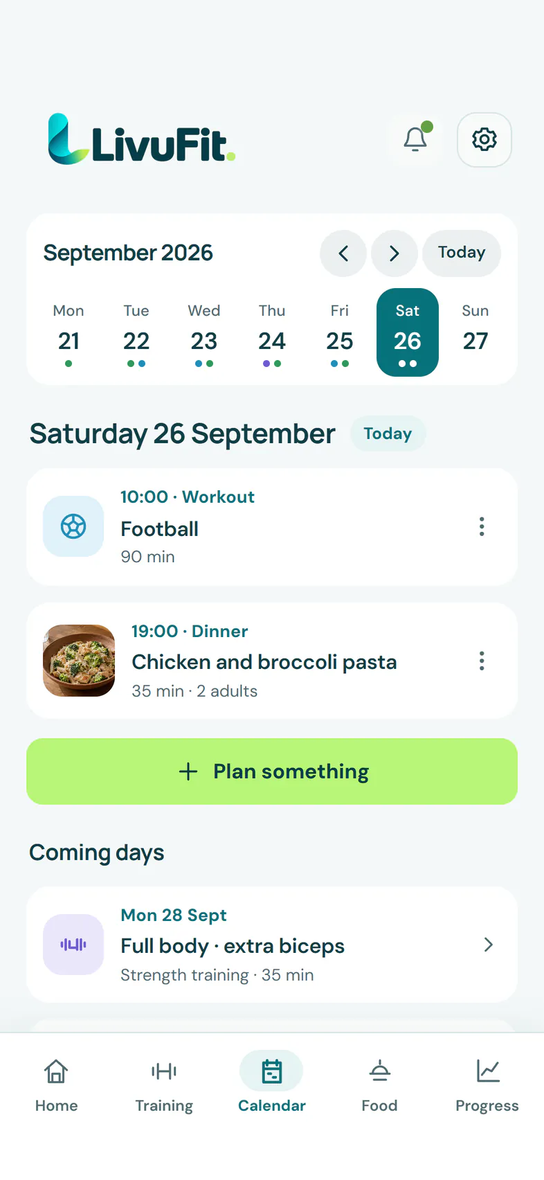 Agenda with a planned workout and a planned meal