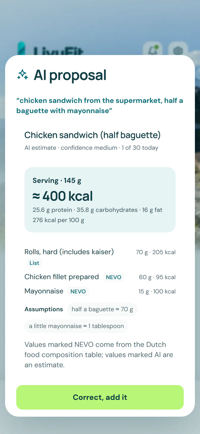 Suggested nutrition values for a described lunch, marked as an AI estimate