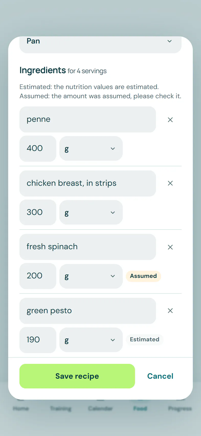 Your own recipe as LivuFit read it in, ready to check