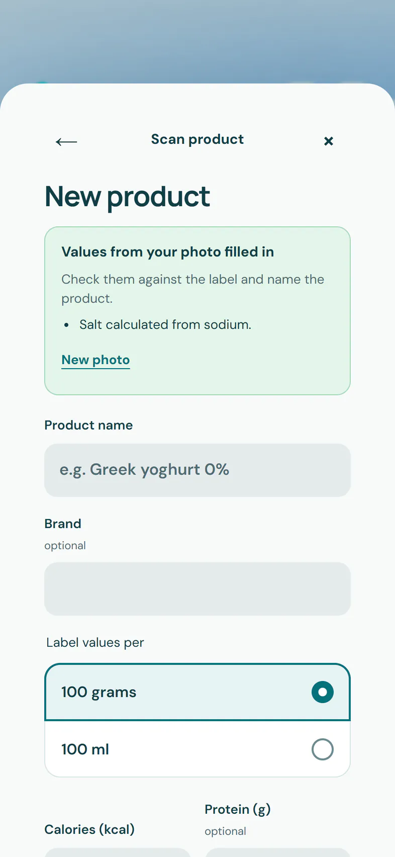 New product with the nutrition values filled in from a photo of the label