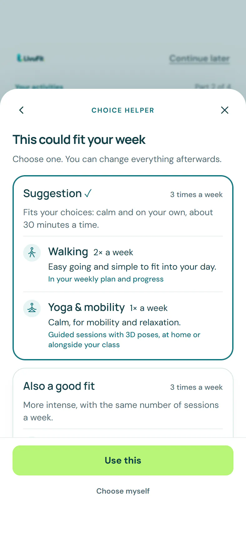 Choice helper in LivuFit: a proposed week with walking and yoga, with the button Use this
