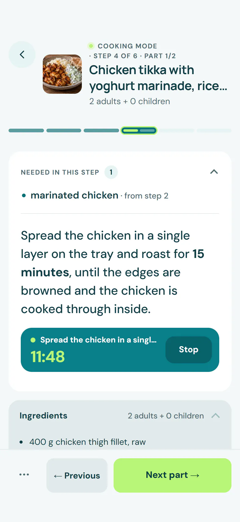 Cooking mode with the current step and a running timer