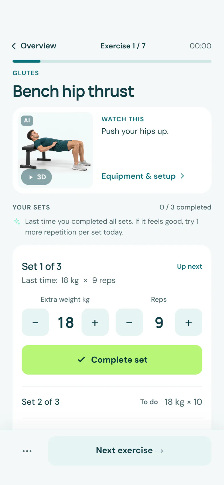 An exercise during your workout, with advice for today and your previous set