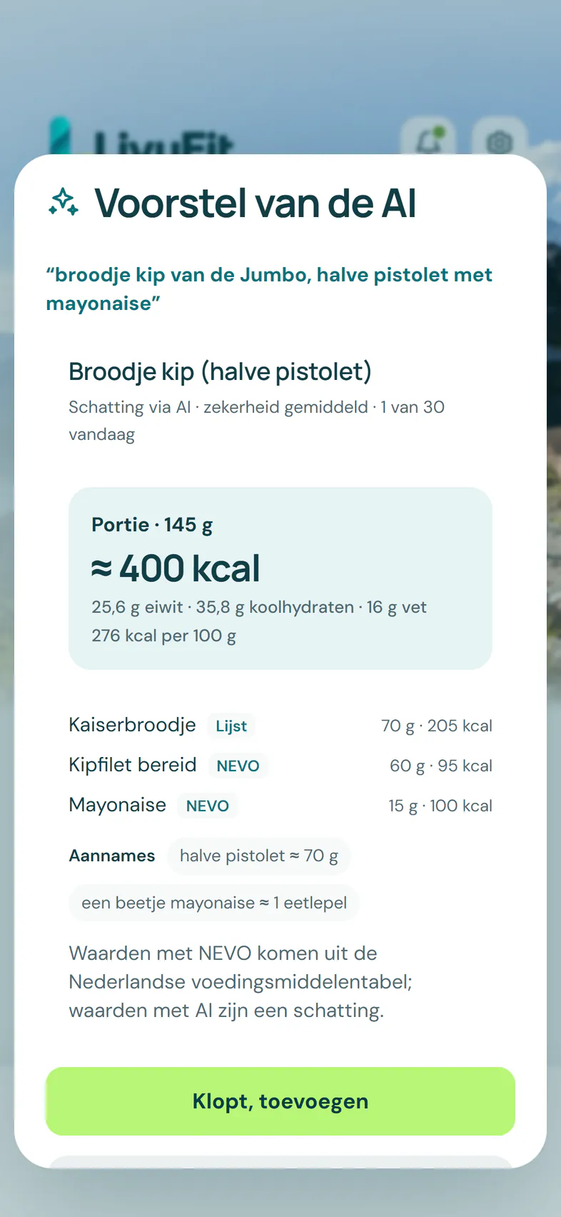 Voorstel met voedingswaarden voor een beschreven lunch, herkenbaar als schatting via AI
