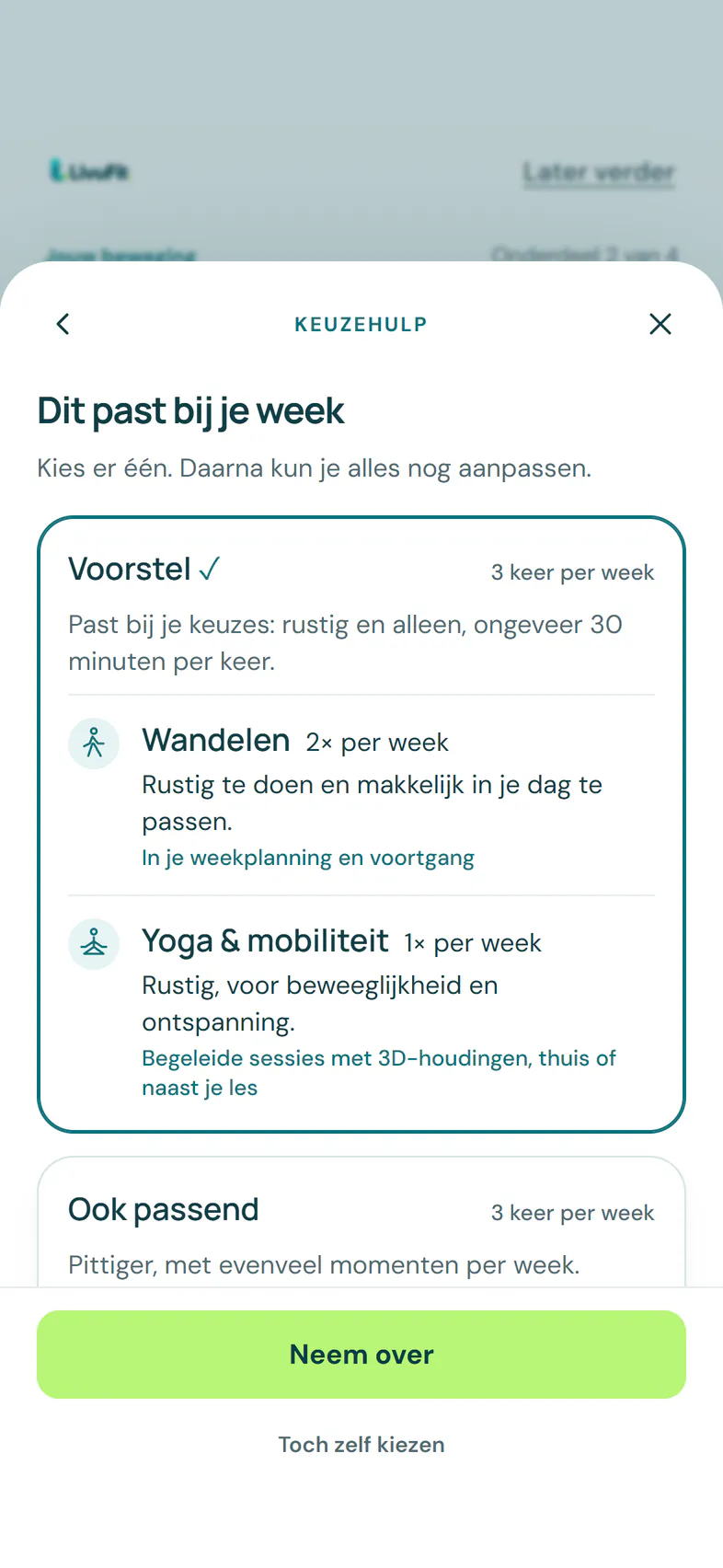Keuzehulp in LivuFit: een voorstel voor je week met wandelen en yoga, met de knop Neem over