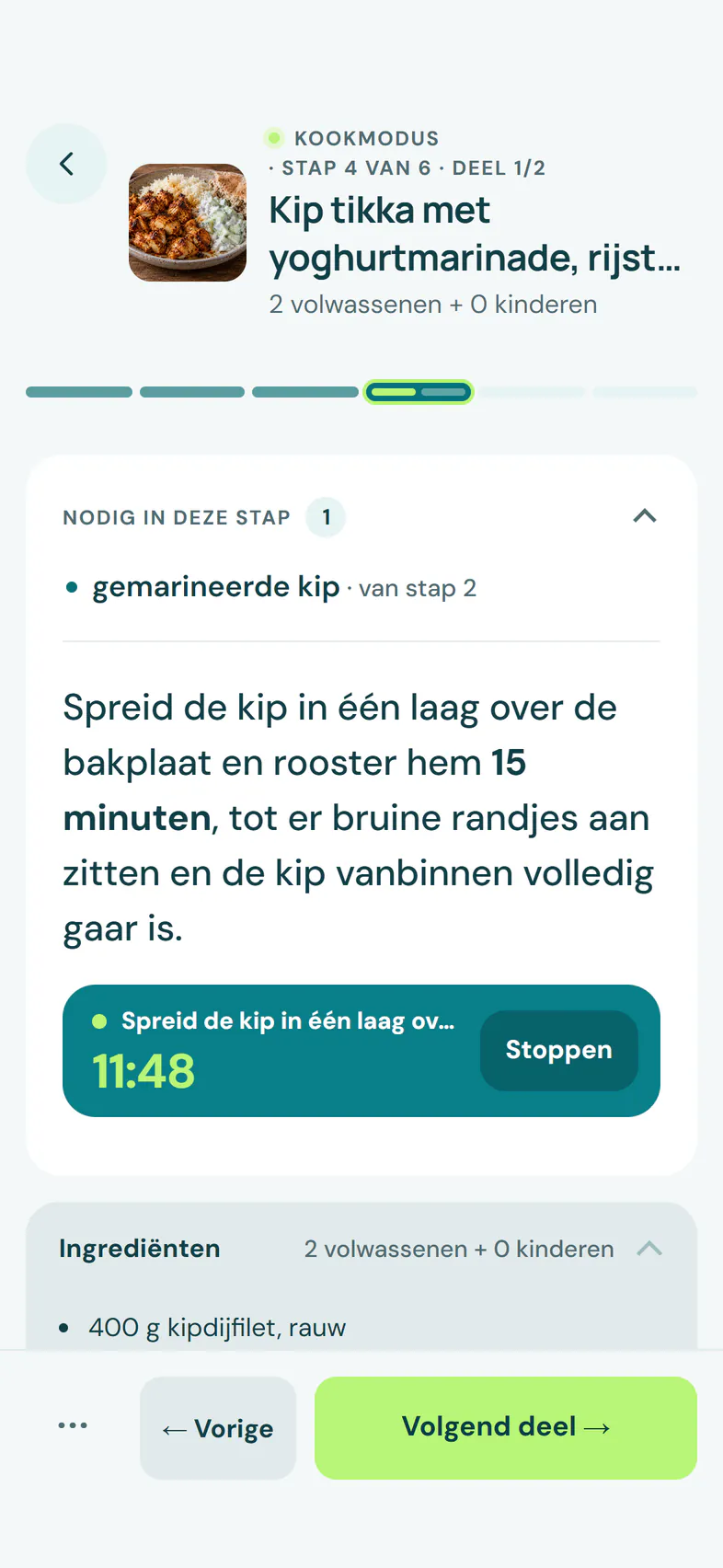 Kookmodus met de stap van het moment en een lopende timer
