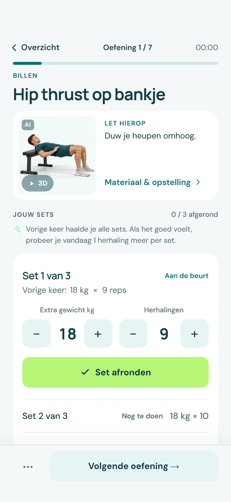Oefening tijdens je training, met advies voor vandaag en je vorige set