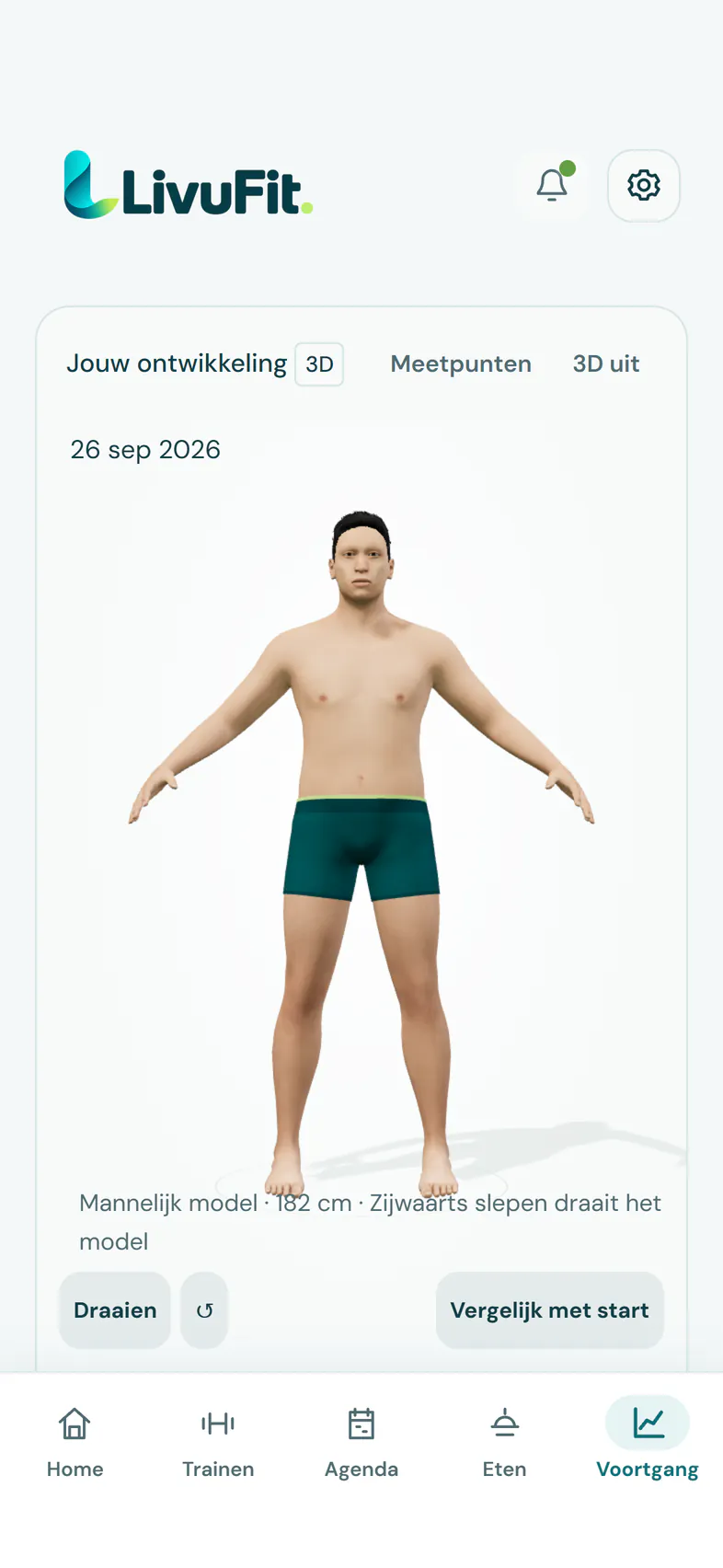 Voortgang met lichaamsmaten en een 3D-model van de ingevulde maten